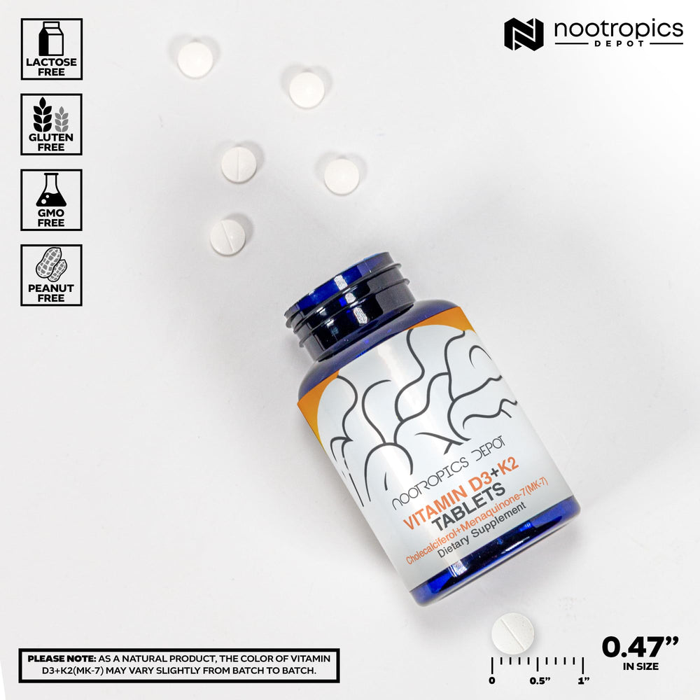 Nootropics Depot vitamin d3-k2 label front; clear branding and dosage details for easy shopping