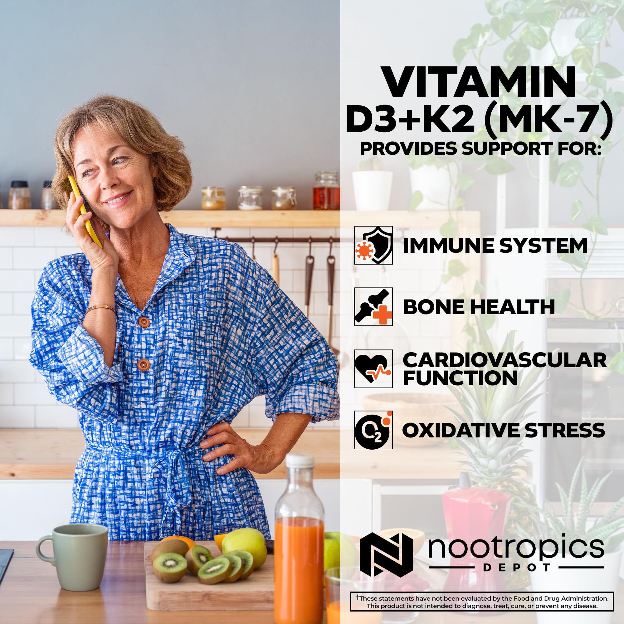 Nootropics Depot vitamin d3-k2 tablets on foil pack; convenient daily intake in a year supply