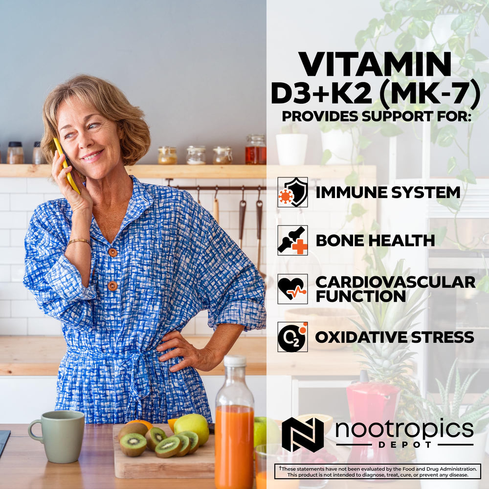 Nootropics Depot vitamin d3-k2 tablets on foil pack; convenient daily intake in a year supply