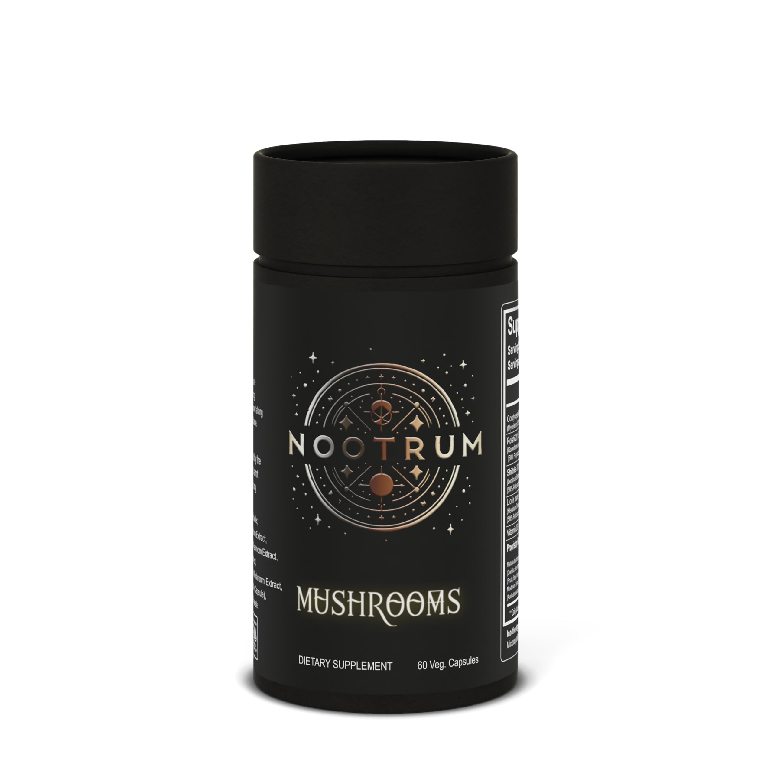 Nootrum Mushrooms bottle closeup ready for daily focus and wellness.