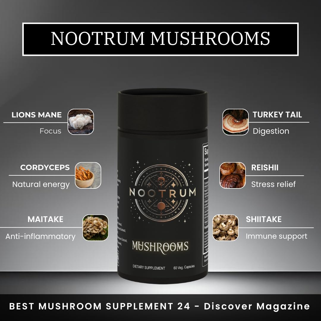 Nootrum Mushrooms packaging with calendar illustrating month-long routine.