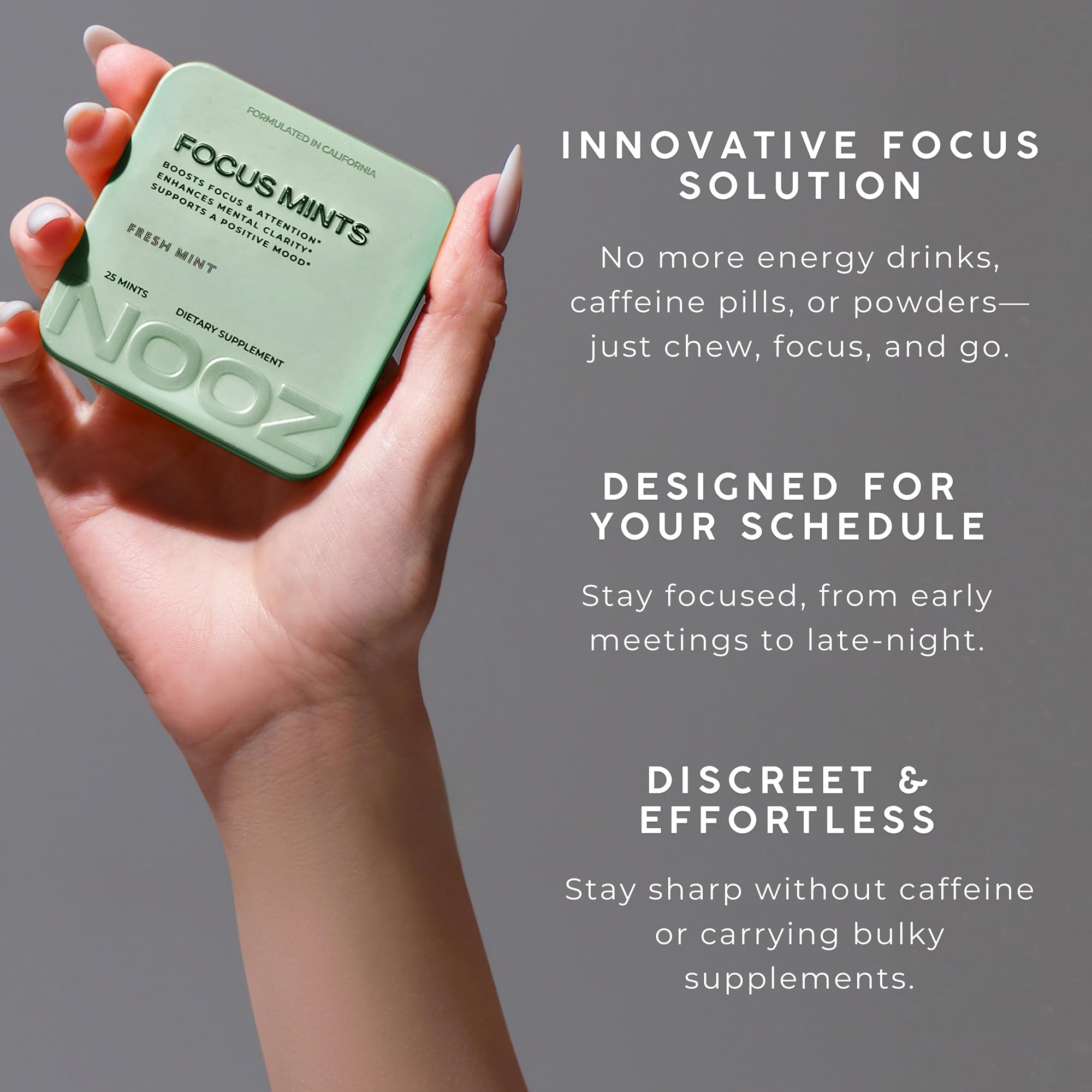 NOOZ Focus Mints front packaging highlights caffeine-free, sugar-free brain support.