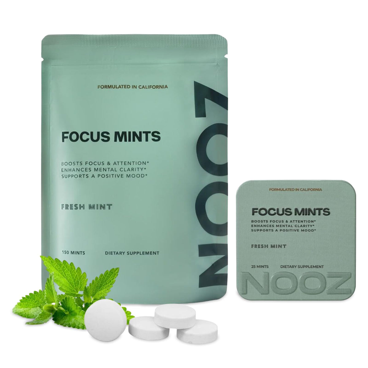 NOOZ Focus Mints refill tin on a desk offering quick mental clarity.