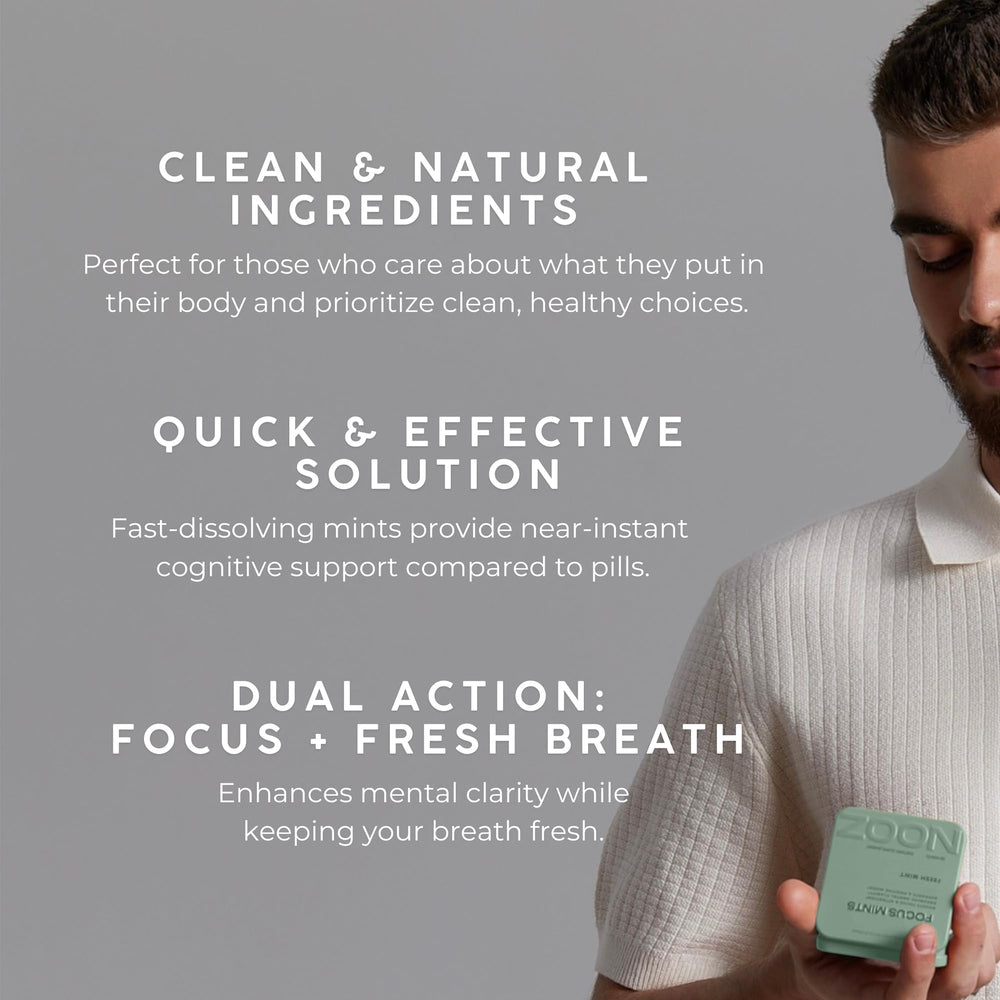 NOOZ Focus Mints travel pack fits in a pocket for on-the-go focus.