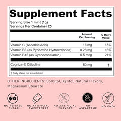 NOOZ Focus Mints vegan and non-GMO labeling shown.