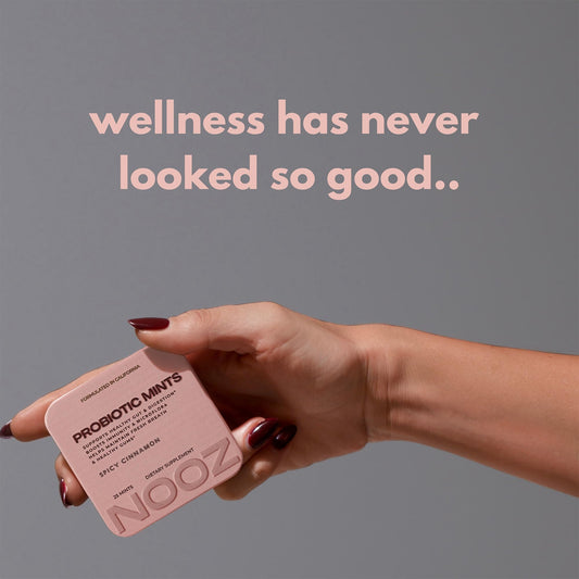 NOOZ Probiotic Mints pack shot highlights 12-pack bulk wellness for daily support.