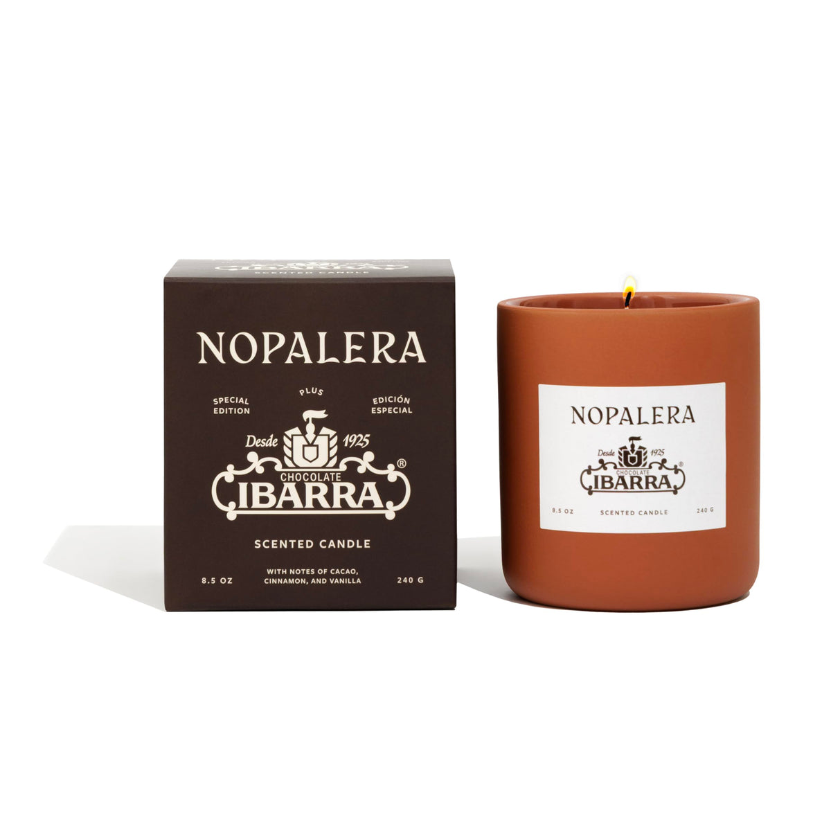 Nopalera Ibarra Chocolate Candle in reusable clay vessel for a clean burn.