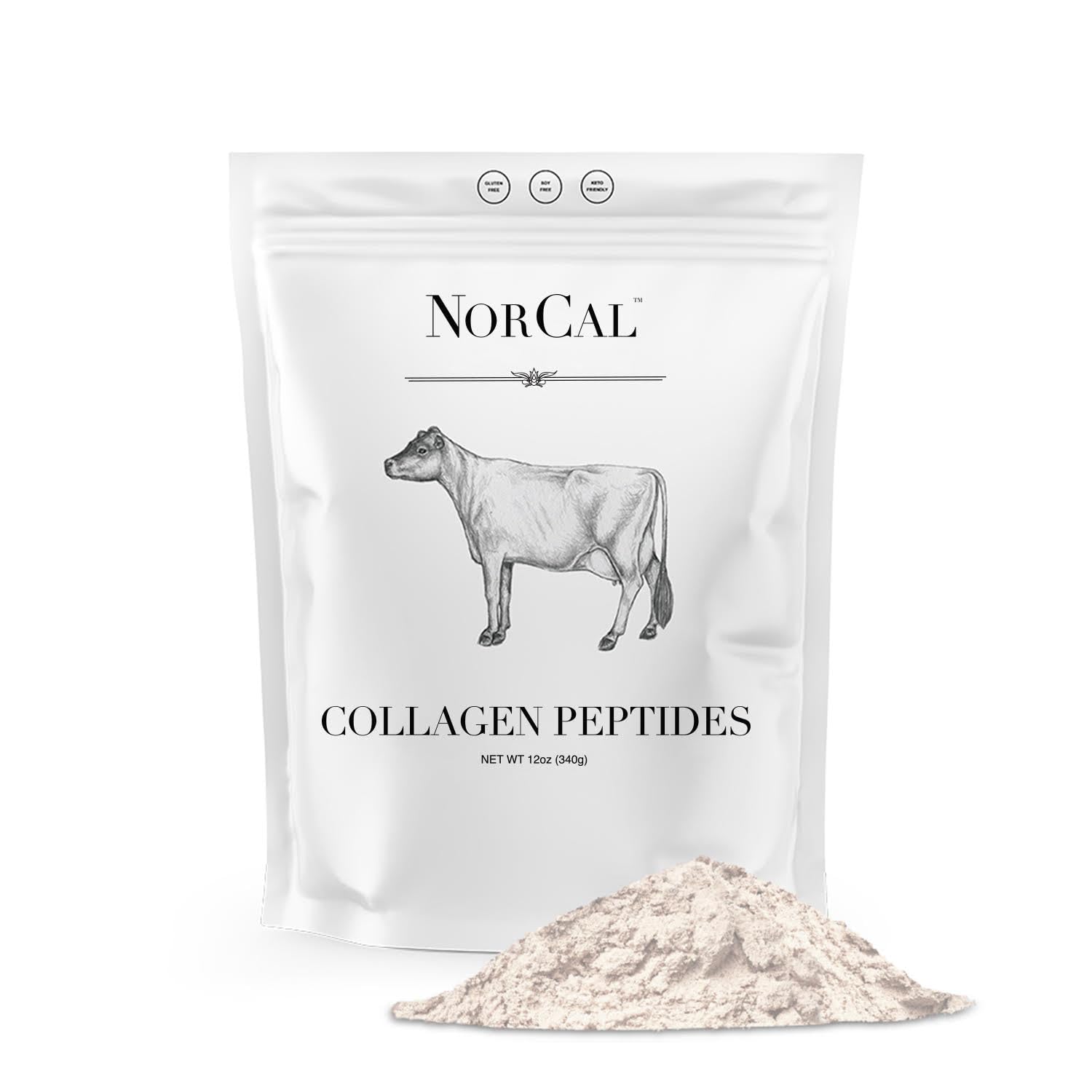 NorCal Hydrolyzed Collagen Peptides bottle showing pure grass-fed formula for daily use.