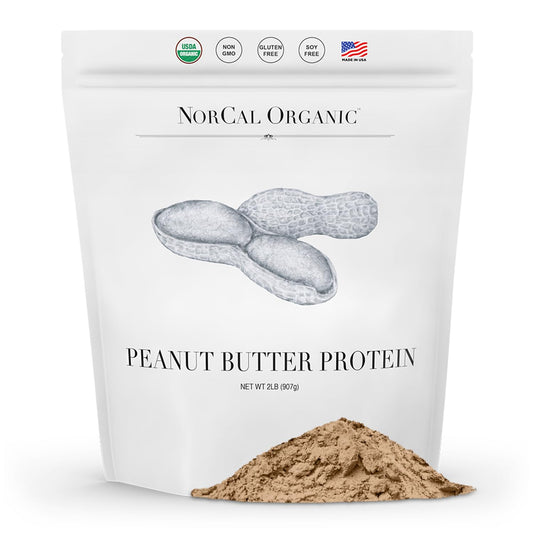 NorCal Organic Peanut Butter Protein Powder jar front showing clean label for shakes