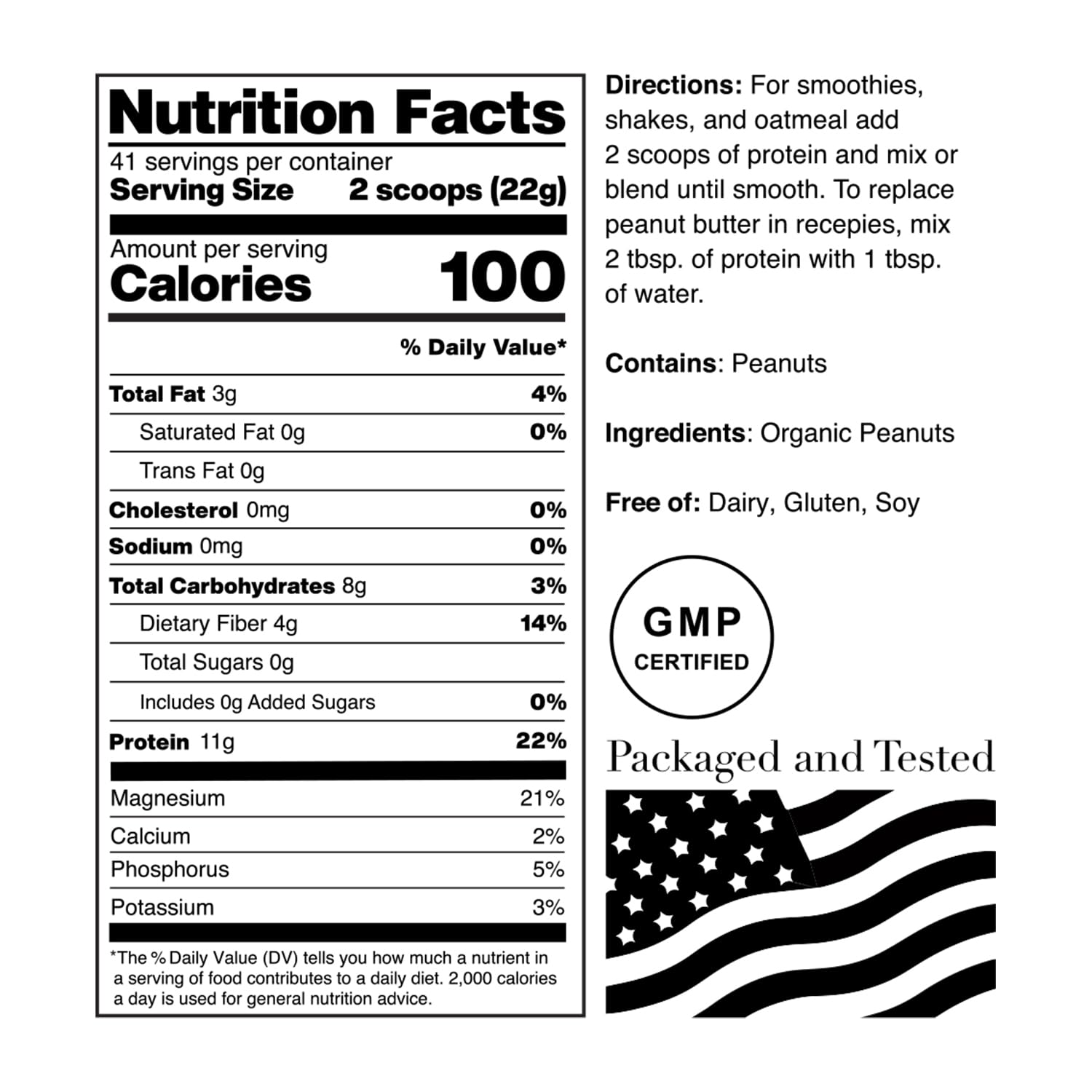 NorCal Organic Peanut Butter Protein Powder label with organic sourcing and fiber details