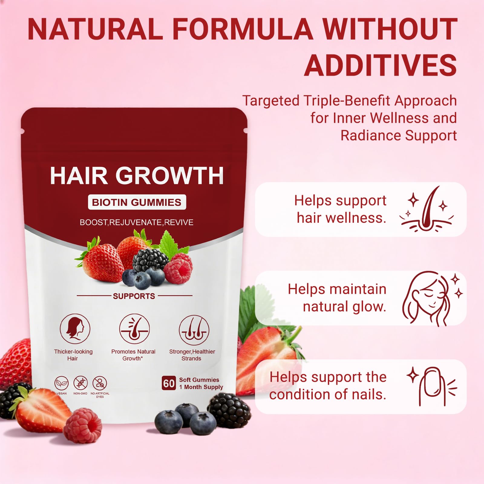 Norce Sactor Lumin hair gummies pour image highlights easy two-gummy daily habit.