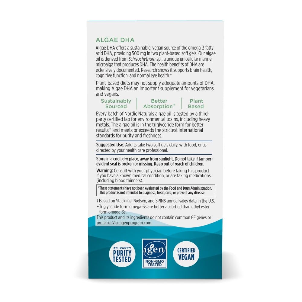 Nordic Naturals Algae DHA label highlighting vegan and non-GMO