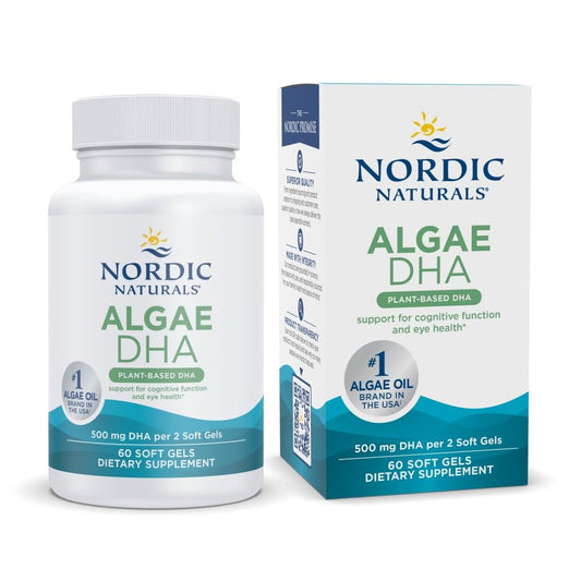 Nordic Naturals Algae DHA softgel bottle showing vegan DHA for daily wellness