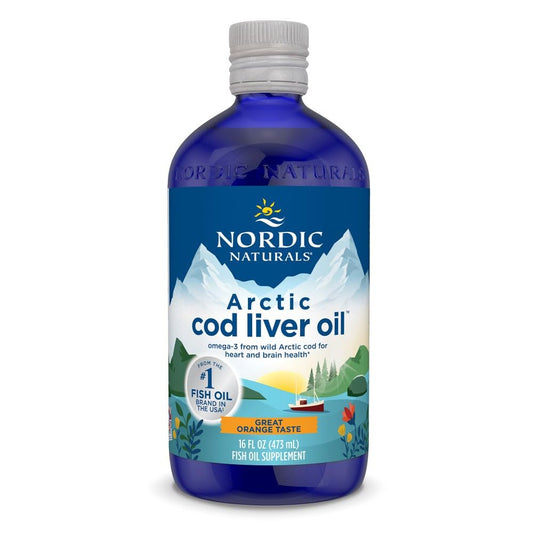 Nordic Naturals Arctic Cod Liver Oil orange bottle front view showing omega-3 potency for heart and brain health