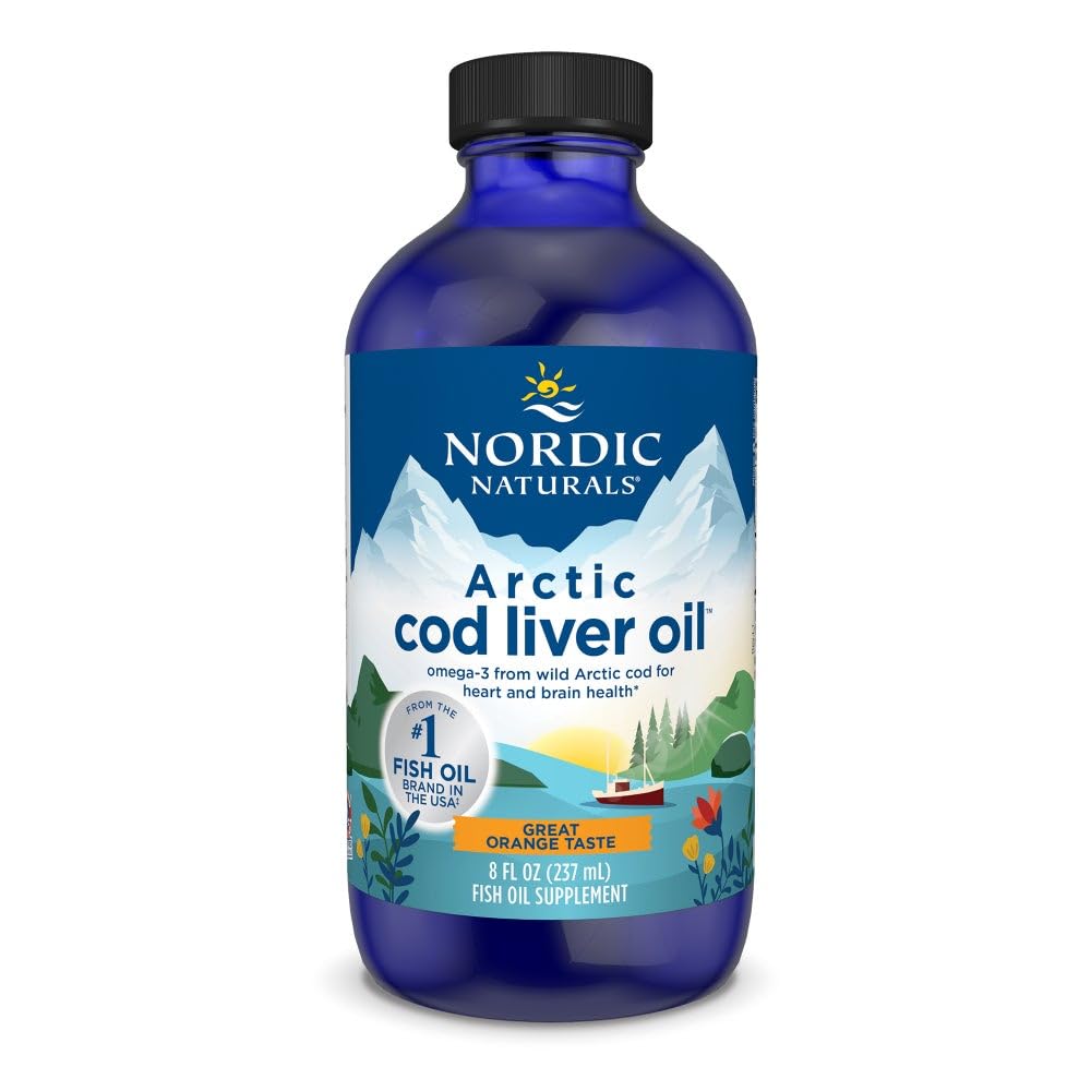 Nordic Naturals Arctic Cod Liver Oil orange bottle—promotes heart and brain wellness.