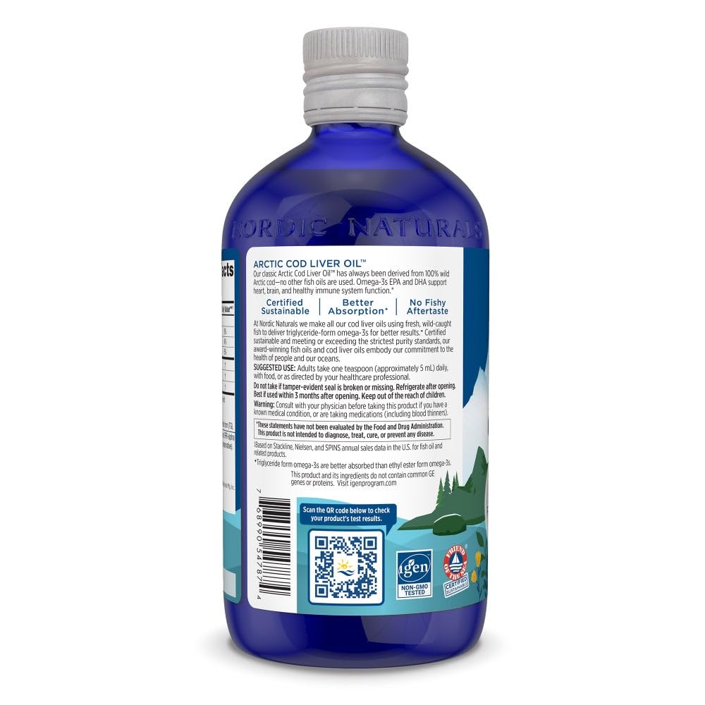 Nordic Naturals Arctic Cod Liver Oil orange bottle label detail showing purity and sustainability