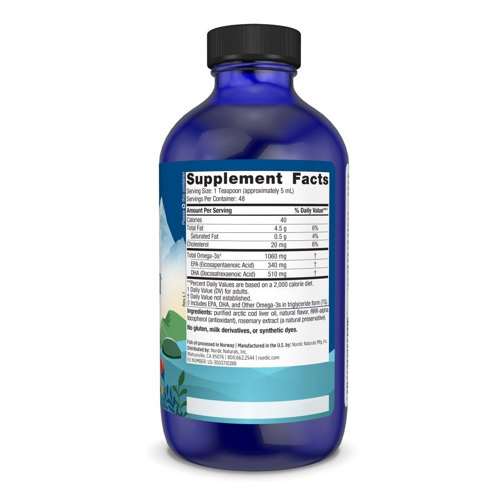 Nordic Naturals Arctic Cod Liver Oil label closeup—orange flavor and high omega-3 profile.