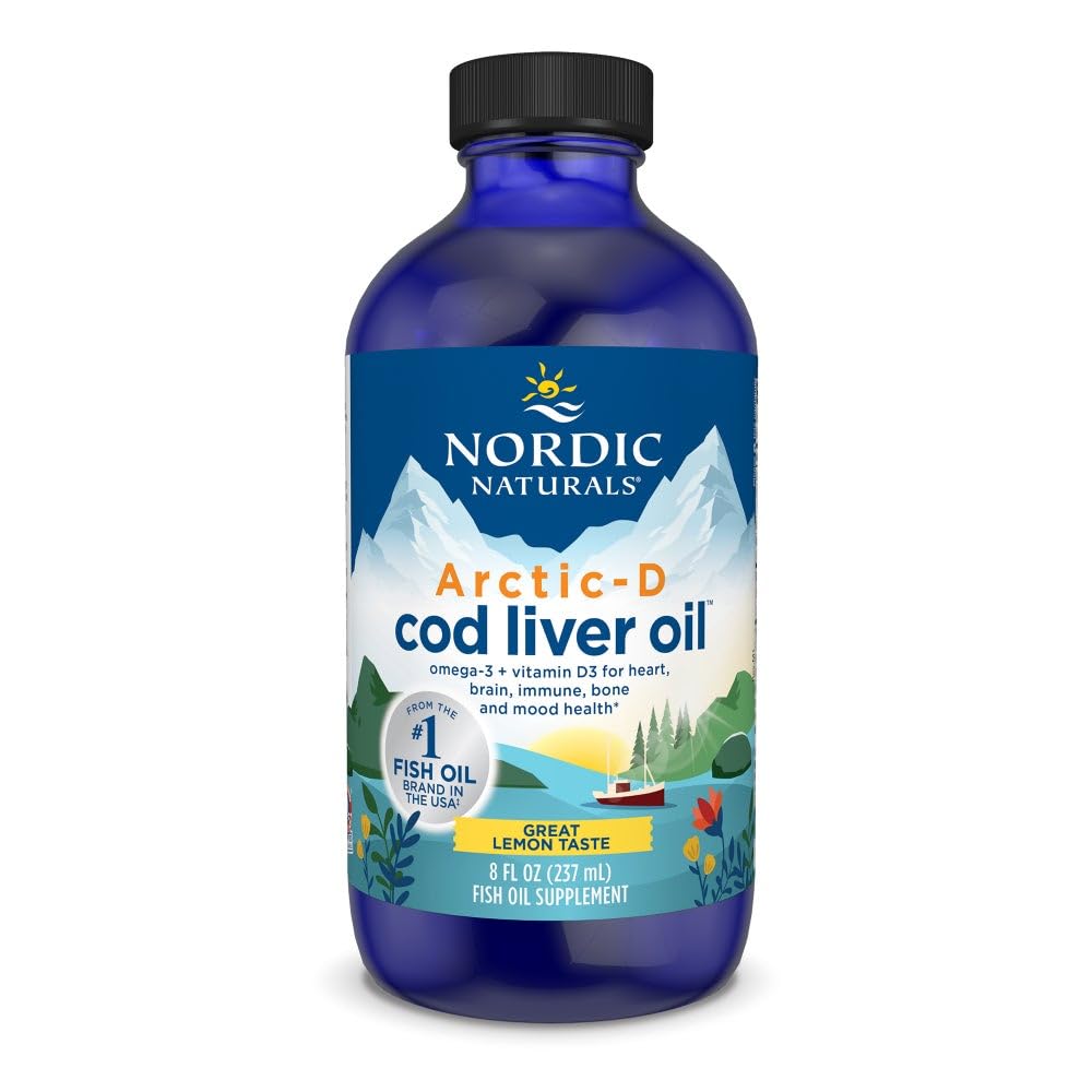 Nordic Naturals Arctic-D cod liver oil bottle front with lemon label for daily omega-3 intake