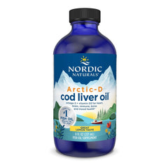 Nordic Naturals Arctic-D cod liver oil bottle front with lemon label for daily omega-3 intake