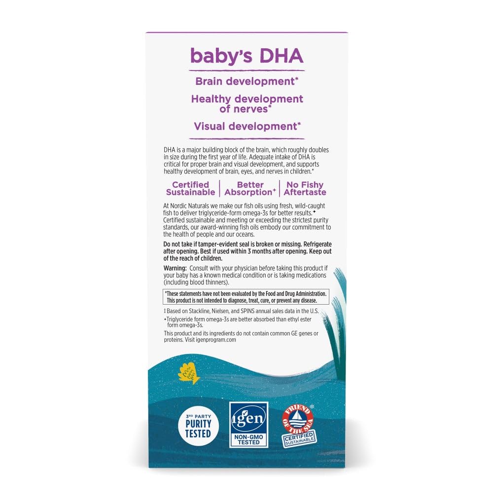 Nordic Naturals Baby's DHA label shows non-GMO and vitamin D3 content