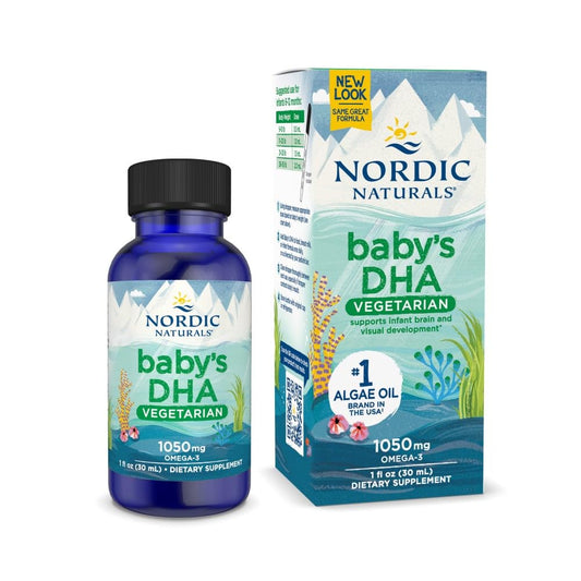 Nordic Naturals Baby’s DHA Vegetarian bottle front showing vegan omega-3 for infants