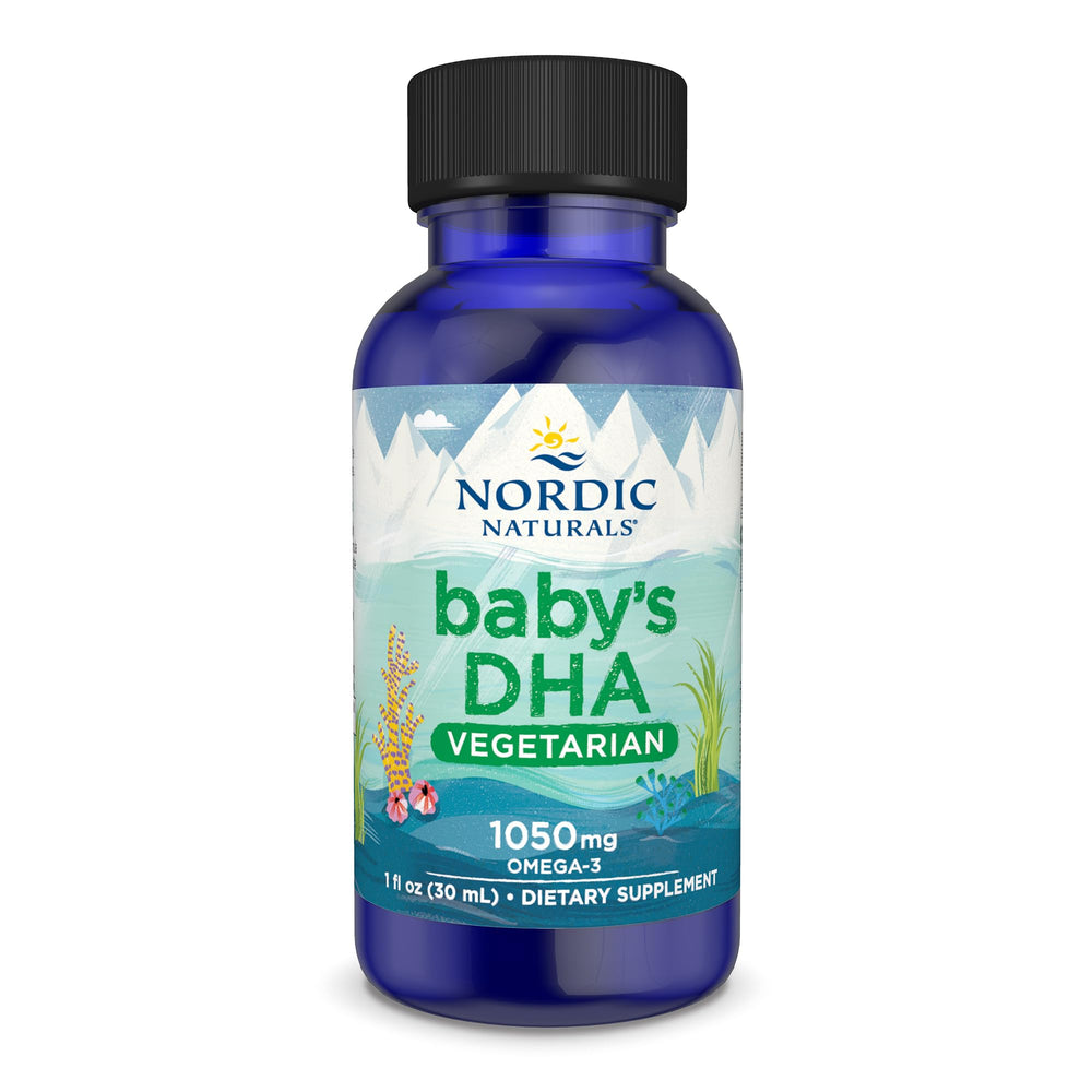 Nordic Naturals Baby’s DHA Vegetarian bottle being poured into a baby bottle