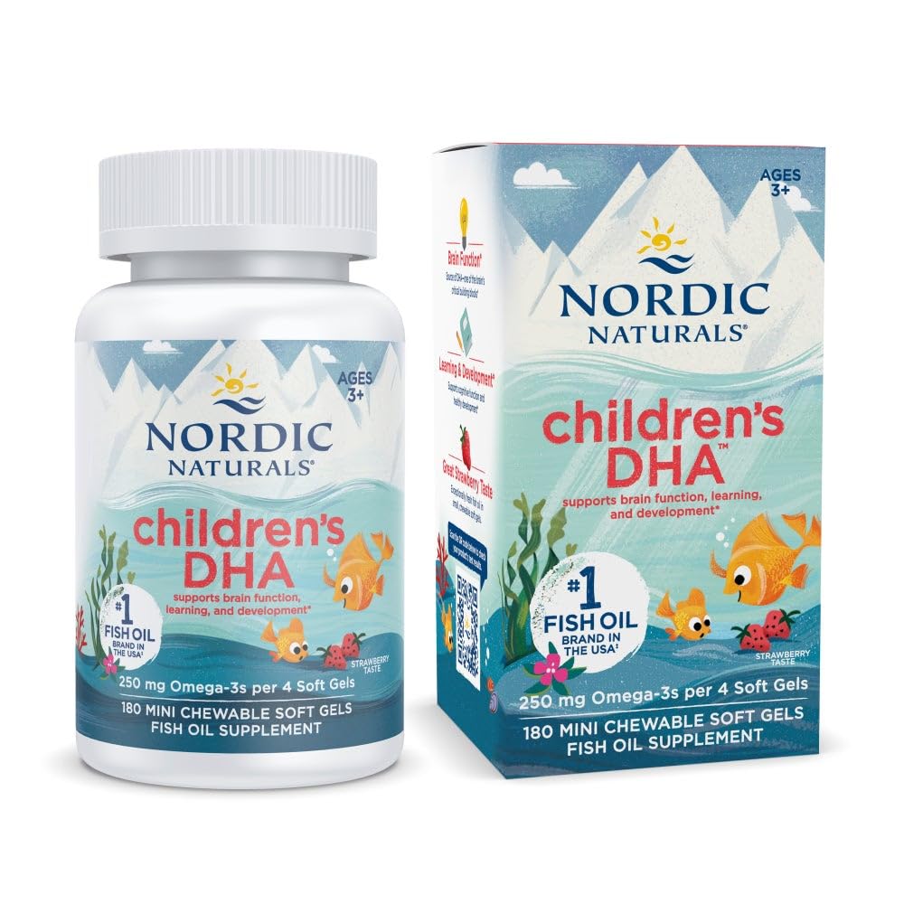 Nordic Naturals Children's DHA strawberry bottle front, kid-friendly omega-3 for daily use.