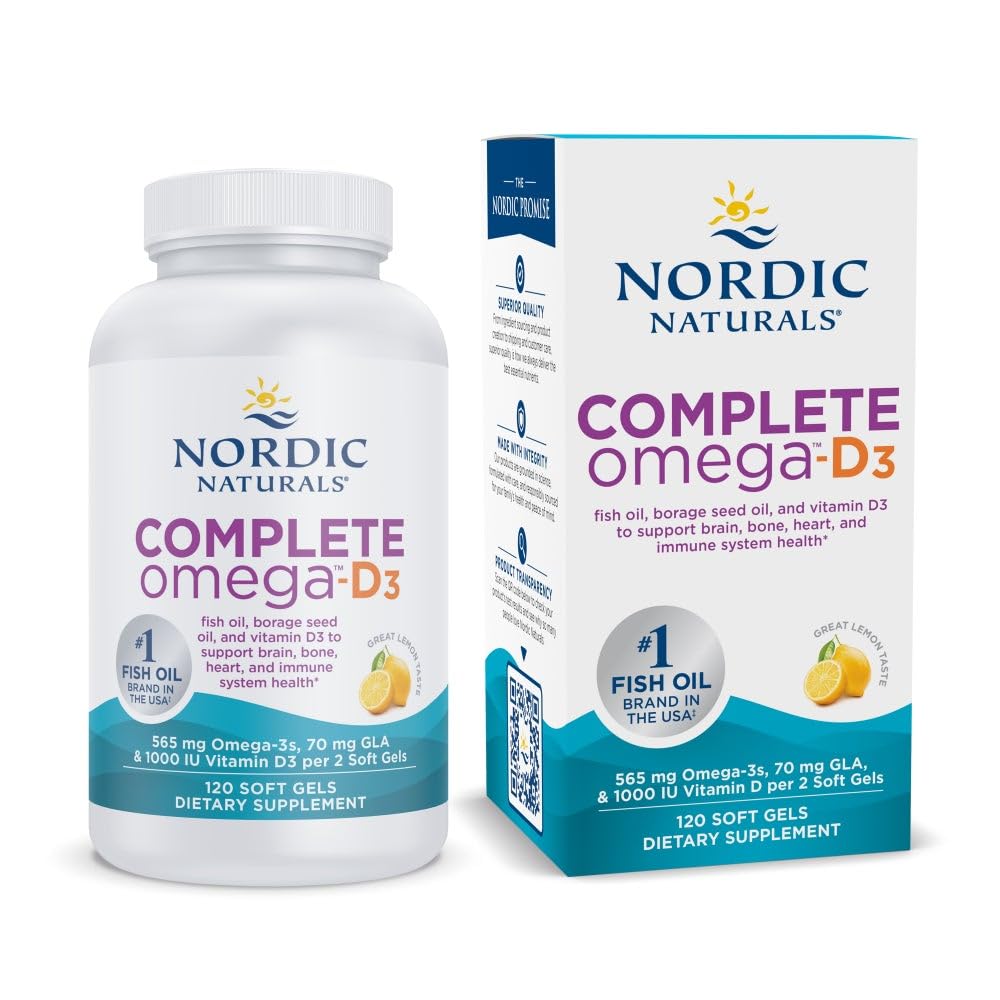 Nordic Naturals Complete Omega-D3 lemon bottle with soft gels for everyday omega-3 support.