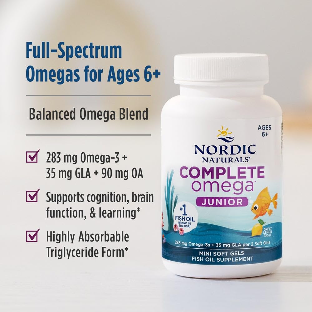 Nordic Naturals Complete Omega Jr. lemon bottle label displays purity testing seal