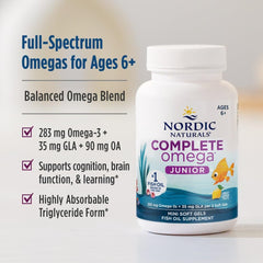 Nordic Naturals Complete Omega Jr. lemon bottle label displays purity testing seal