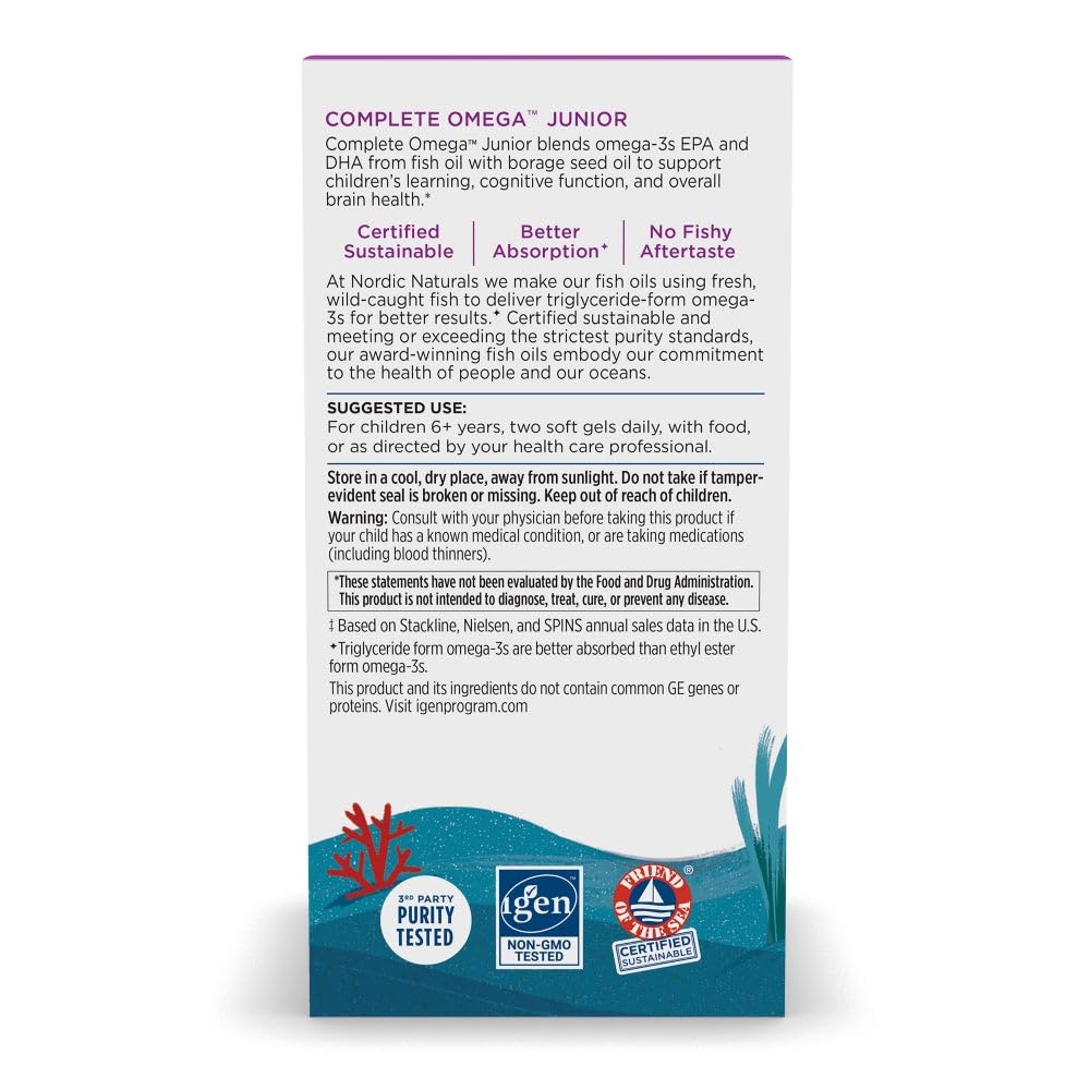 Nordic Naturals Complete Omega Jr. lemon packaging highlighting non-GMO and allergen-free benefits
