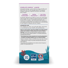 Nordic Naturals Complete Omega Jr. lemon packaging highlighting non-GMO and allergen-free benefits