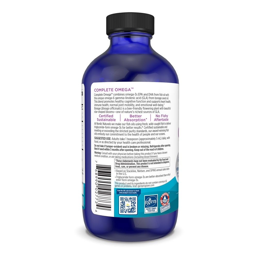 Nordic Naturals Complete Omega lemon bottle being poured for easy daily use.