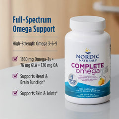 Statement of non-GMO and allergen-free attributes on Nordic Naturals Complete Omega Xtra Lemon.