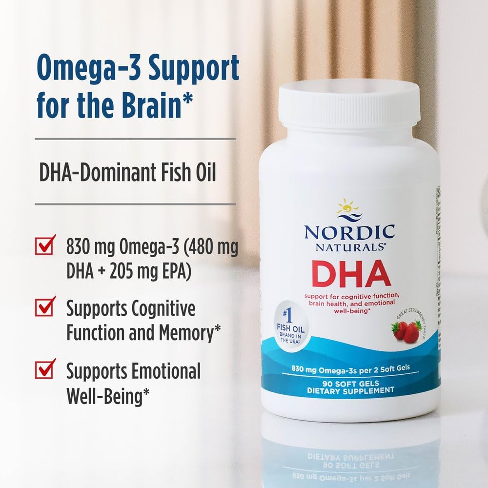 Nordic Naturals DHA Strawberry gluten-dairy-free packaging communicates dietary compatibility