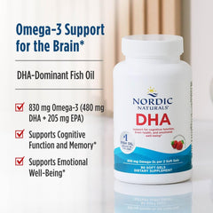 Nordic Naturals DHA Strawberry gluten-dairy-free packaging communicates dietary compatibility