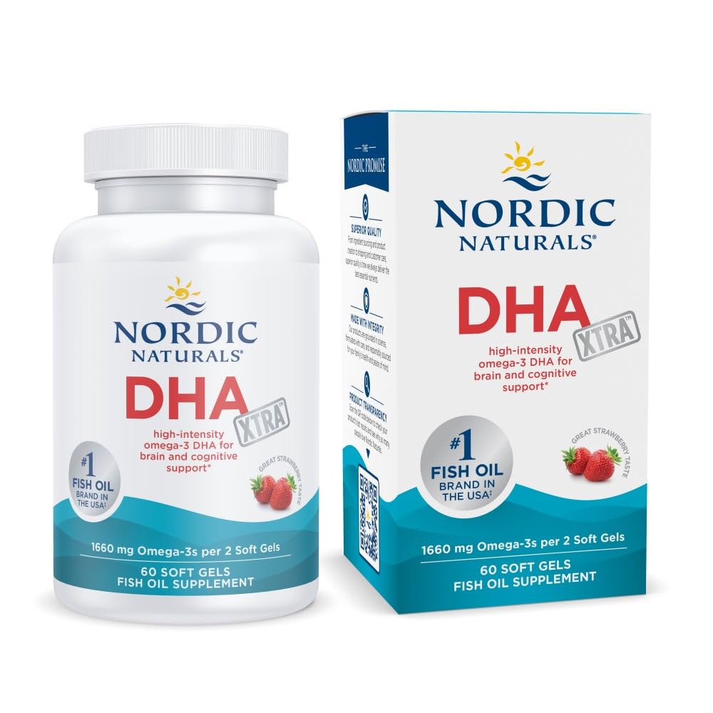 Nordic Naturals DHA Xtra strawberry bottle front view highlights high-DHA content for brain support.