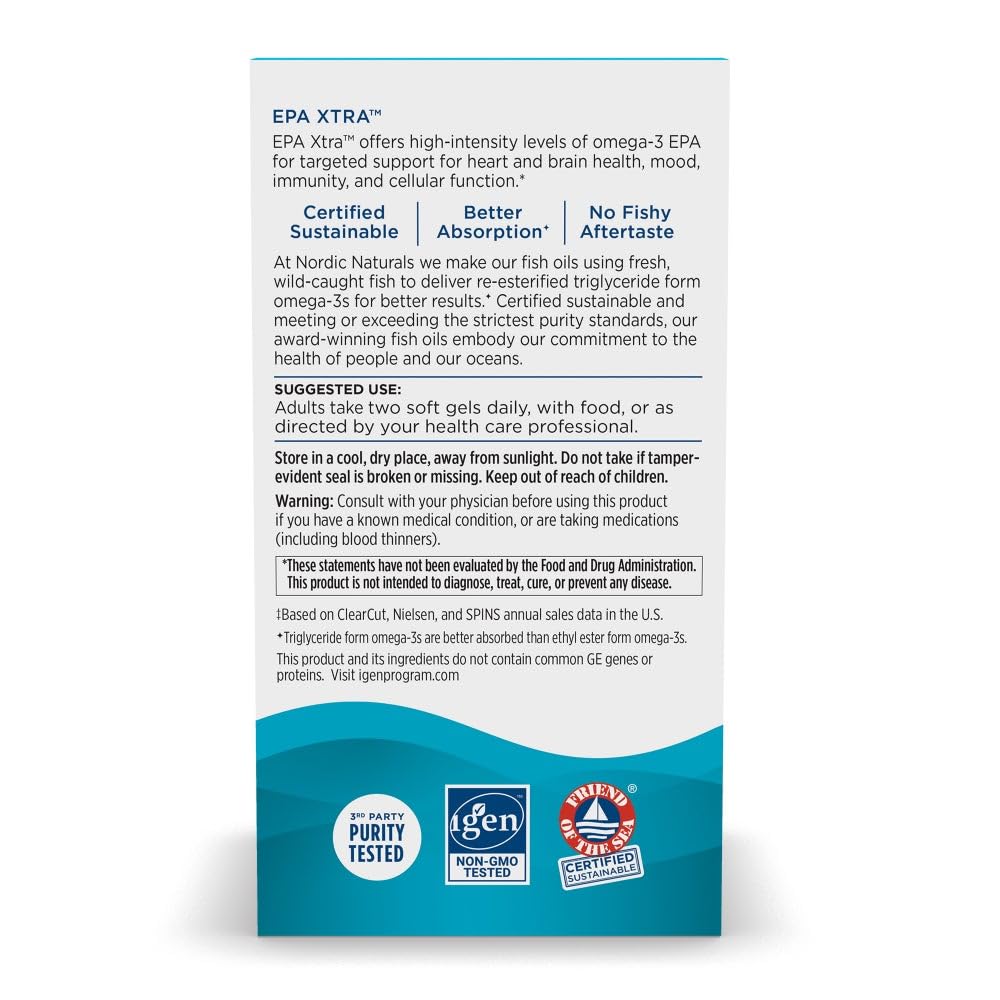 Nordic Naturals EPA Xtra capsules presented on white background highlighting purity and potency.