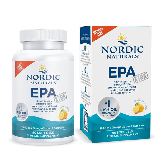 Nordic Naturals EPA Xtra lemon bottle showing high potency omega-3 for mood and immunity support.
