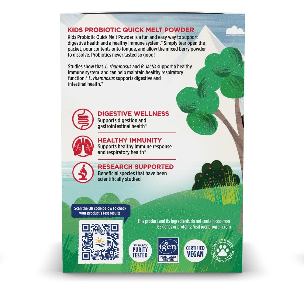 Nordic Naturals Kids Probiotic Quick Melt vegan non GMO seal indicating clean ingredients