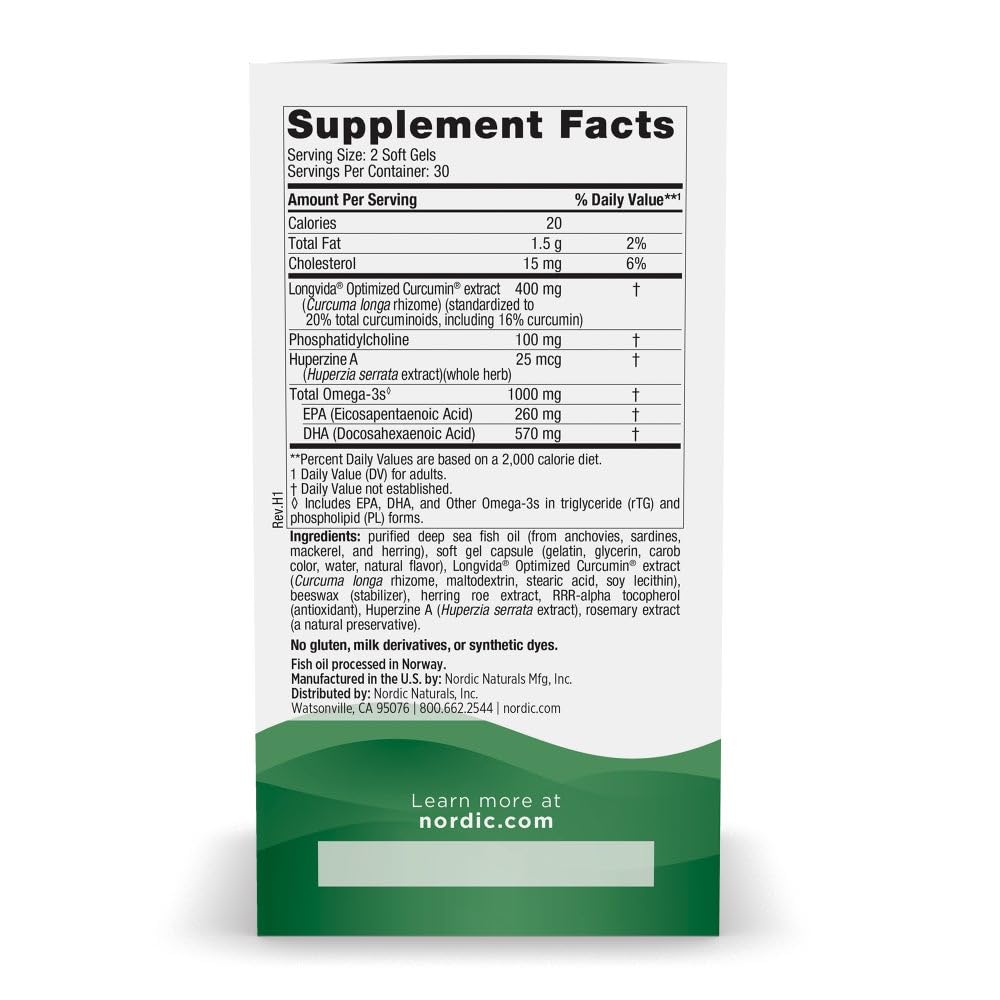 Nordic Naturals memory capsules close-up highlighting omega-3 and curcumin benefits.