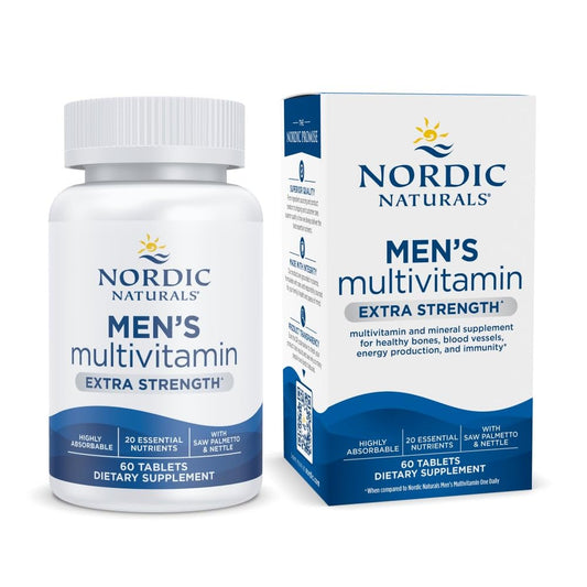 Nordic Naturals Men's Multivitamin Extra Strength bottle front supports daily wellness for men.