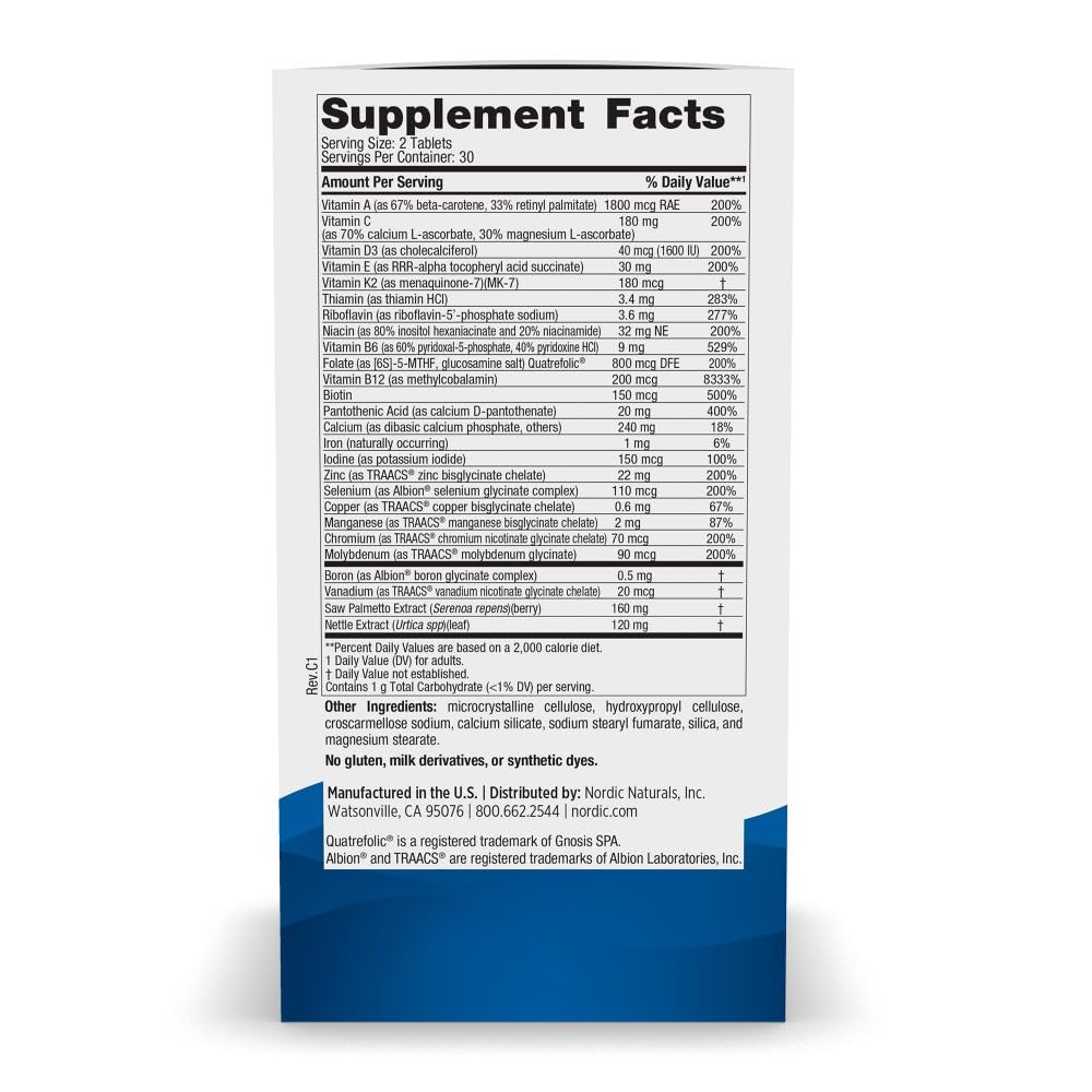 Nordic Naturals Men's Multivitamin Extra Strength tablets close-up highlights high absorption minerals.