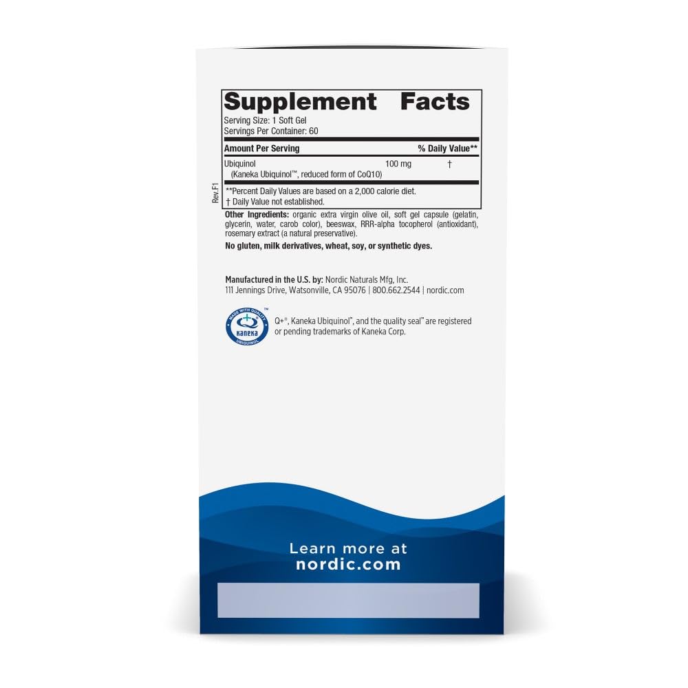 Nordic Naturals CoQ10 Ubiquinol bottle back shows purity and non-GMO quality.