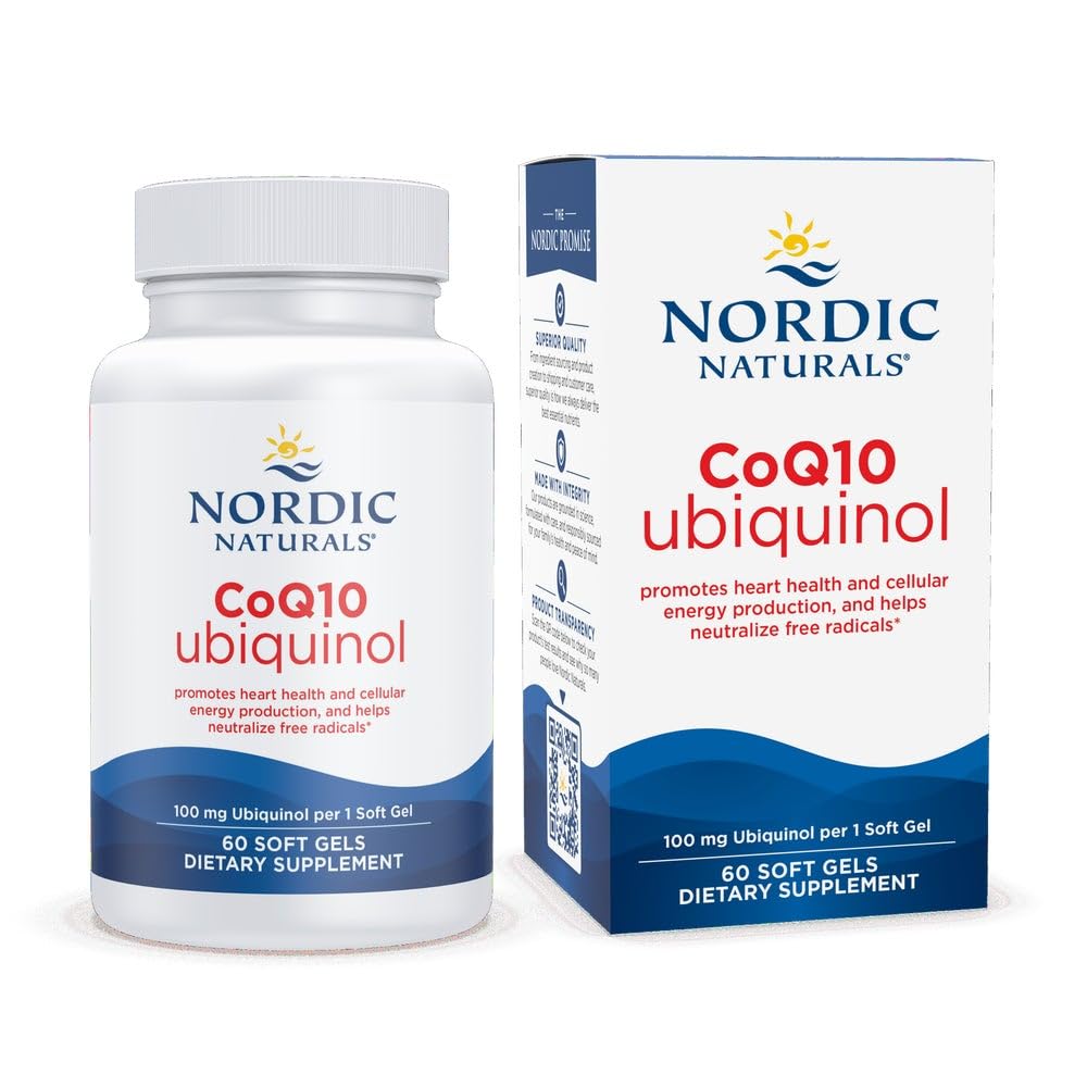 Nordic Naturals CoQ10 Ubiquinol bottle front supports daily energy and heart health.