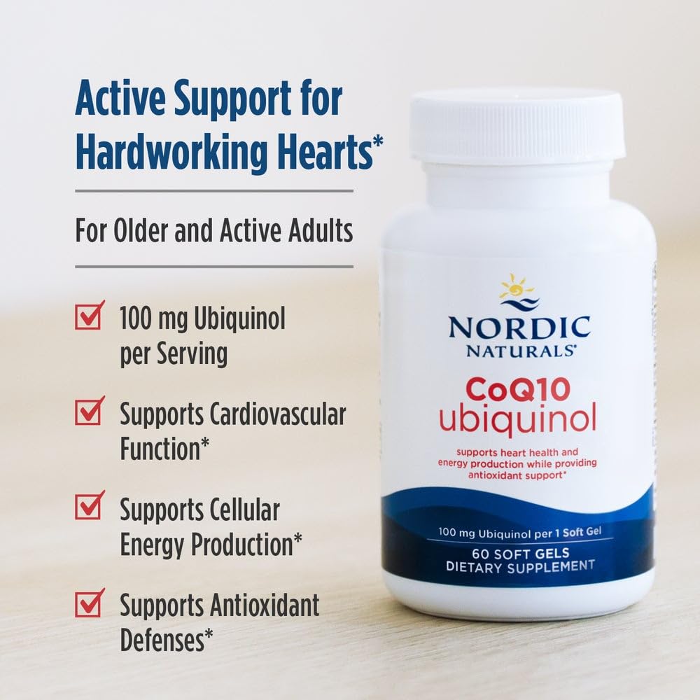 Nordic Naturals CoQ10 Ubiquinol packaging eco stamp signals sustainable sourcing.