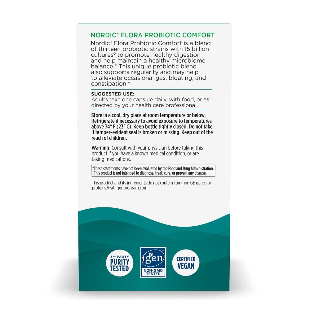 Nordic Naturals Nordic Flora label notes vegan, non-GMO formula for sensitive digestion