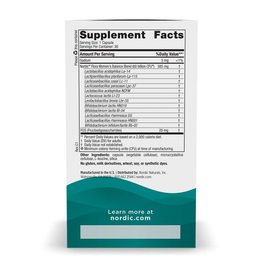 Nordic Naturals Nordic Flora Probiotic Women’s Balance capsules closeup highlights vegan capsules