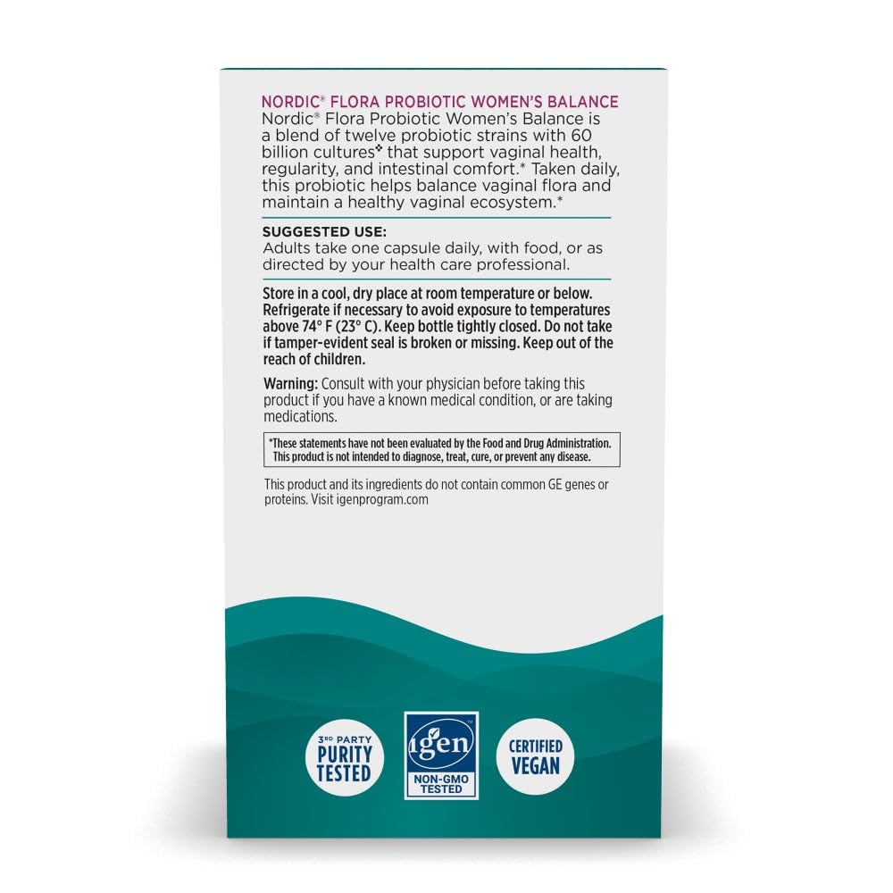 Nordic Naturals Nordic Flora Probiotic Women’s Balance label detail emphasizes purity and vegan formula
