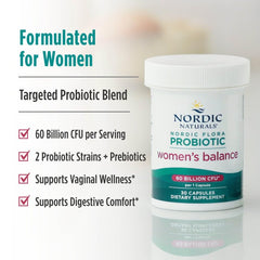 Nordic Naturals Nordic Flora Probiotic Women’s Balance vegan illustration conveys plant-based wellness